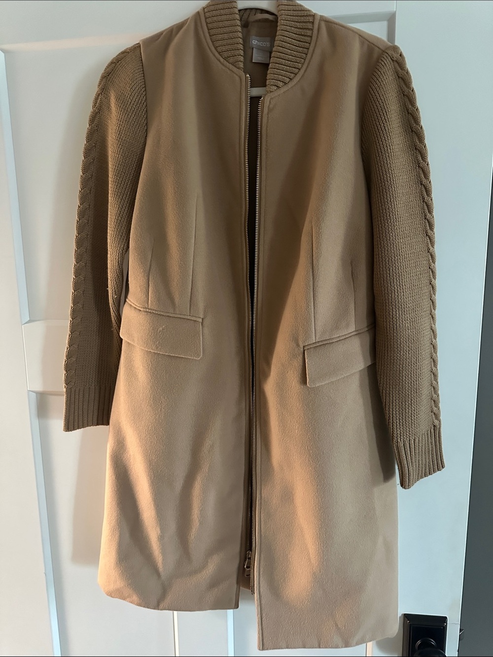 Chico's Camel Knit-Sleeve Trench Coat